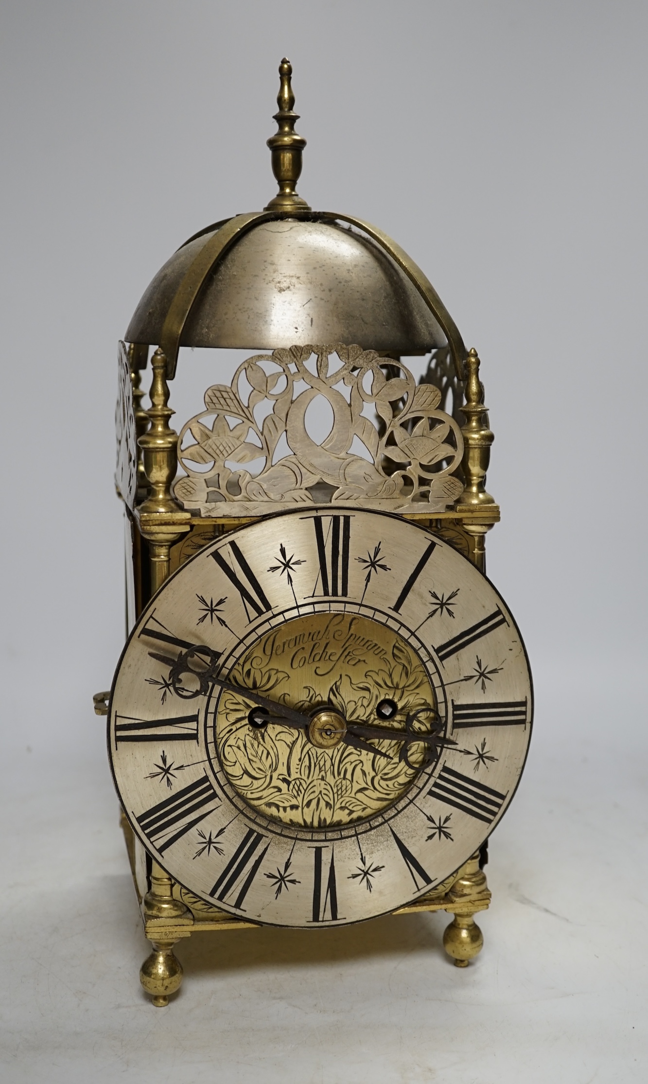 A late 19th century lantern clock with fusee movement, 37cm high. Condition - fair, not tested